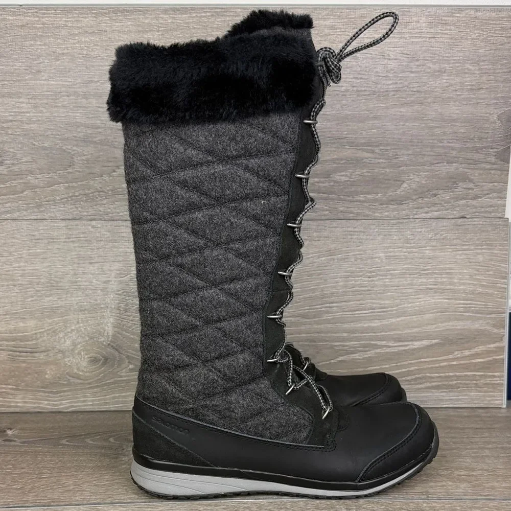 Salomon Hime Women's Sz 10 Warm Waterproof Tall Quilted Dark Gray Black Boots